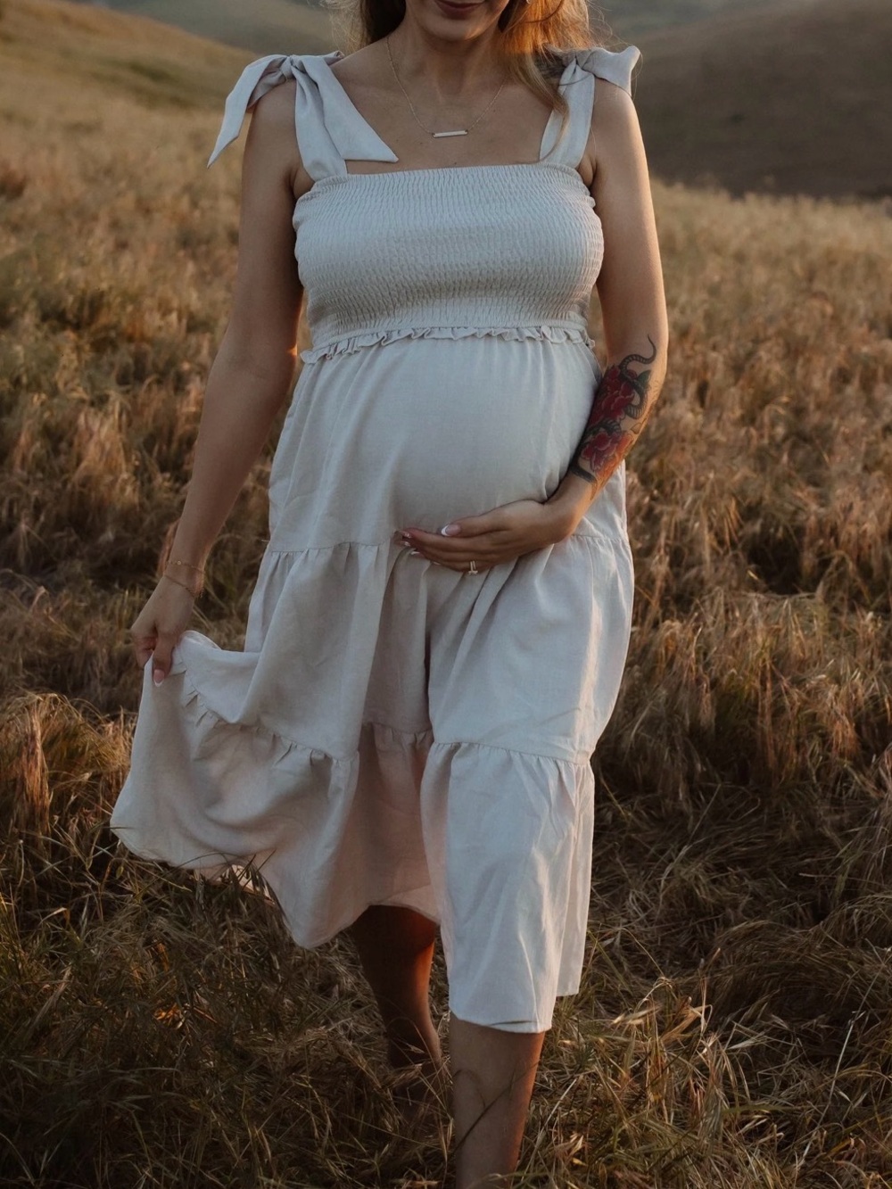 Beige Bow Strap Tiered Maternity Midi Dress size large